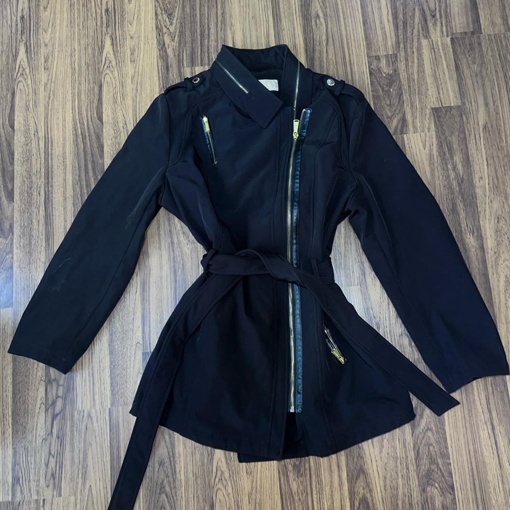 Black Women's Belted Trench Jacket with Gold Zippers